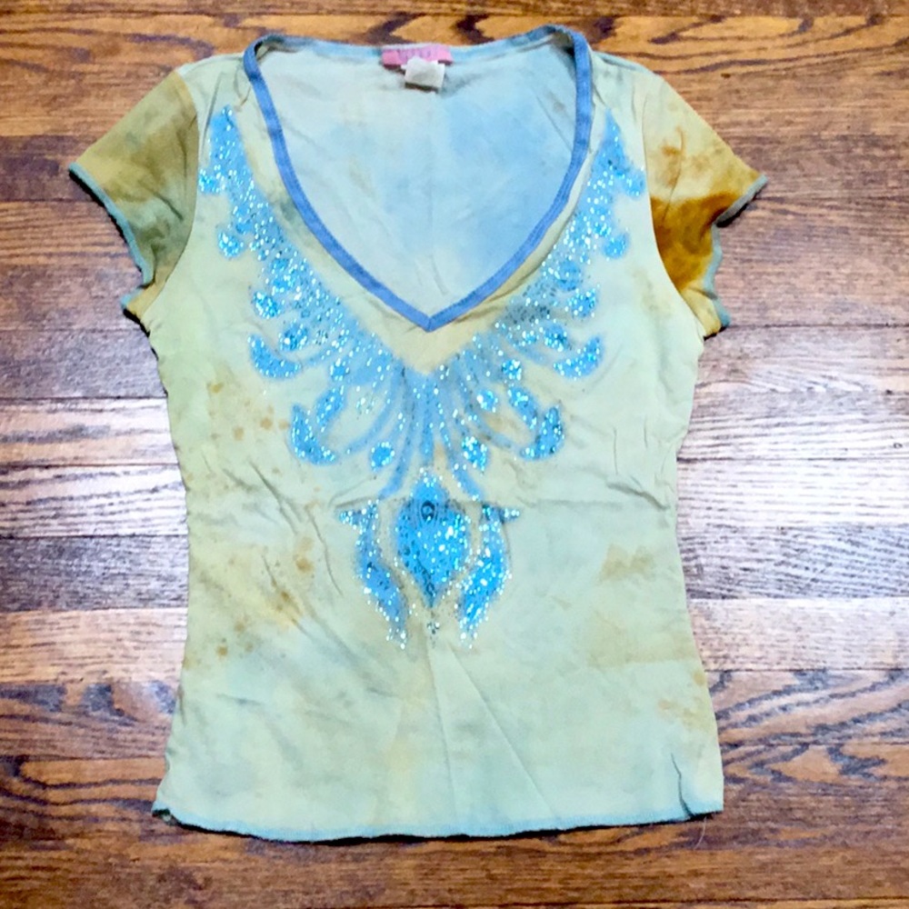 Beige and Blue Sparkly V-neck Top